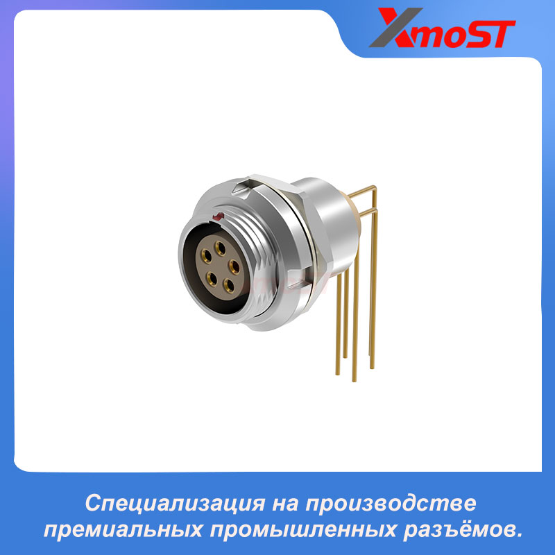 XM-LECG — стационарная розетка с креплением двумя гайками и угловыми выводами 90° для печатной платы
